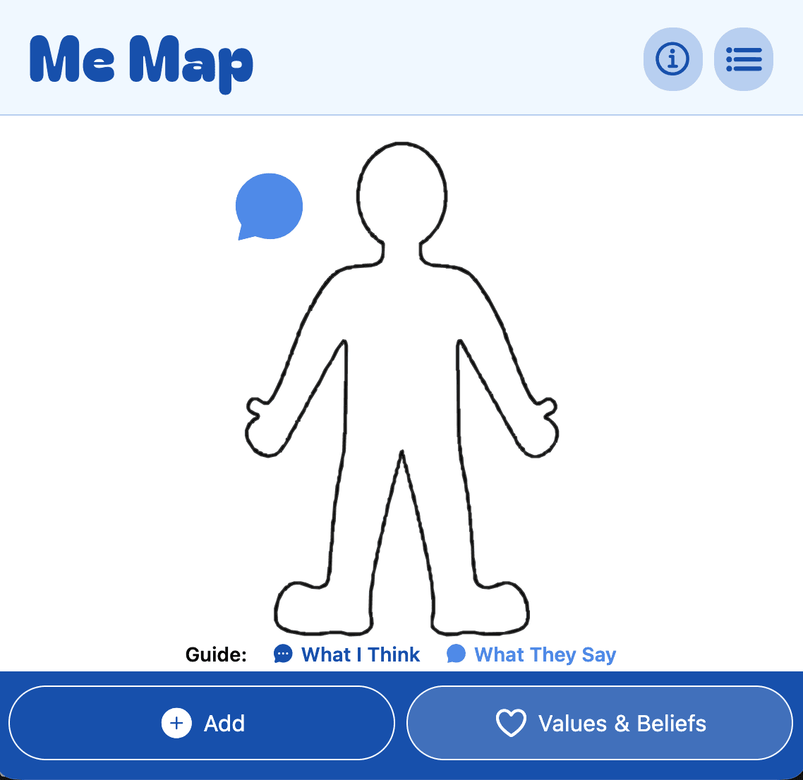 Me Map home screen with body silhouette, speech-bubble guide for What I Think vs What They Say, and Add and Values & Beliefs actions