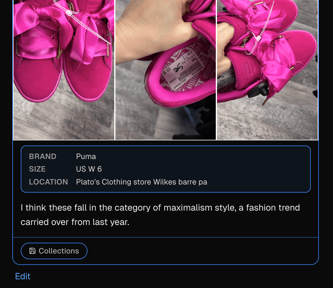 Shoe post with three photos of magenta Puma sneakers, brand and size details, and a personal style caption