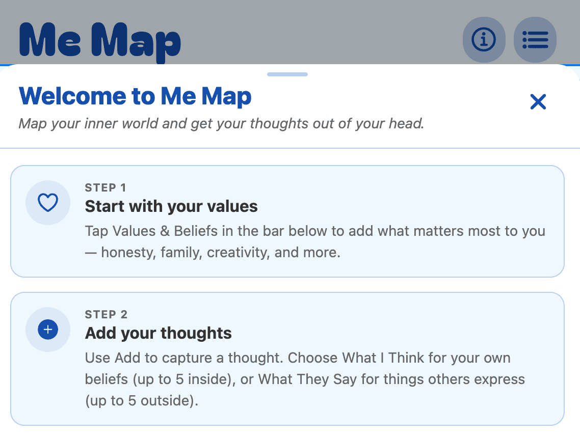 Welcome to Me Map onboarding overlay with Step 1 values and Step 2 add thoughts instructions