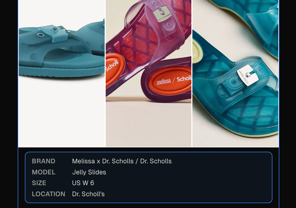 Shoe post collage of Melissa x Dr. Scholls jelly slides with brand, model, size, and location fields