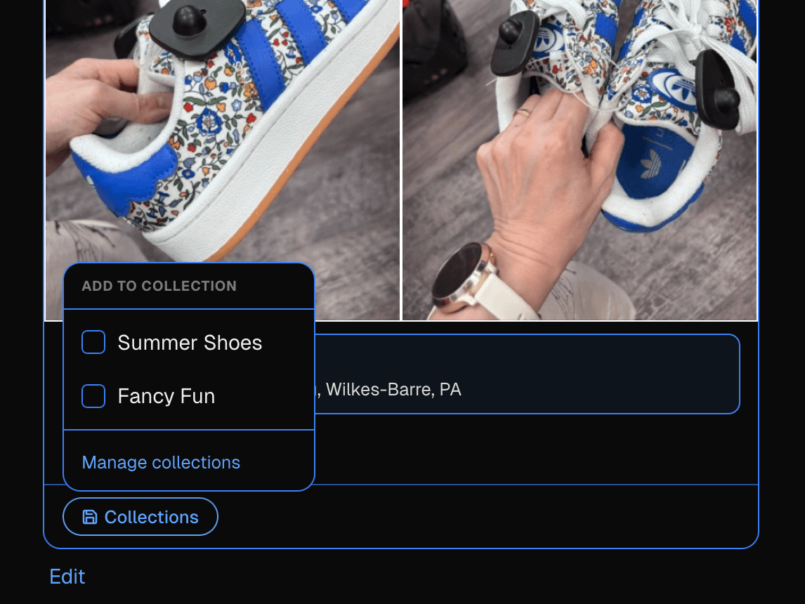 Add to Collection menu on a floral Adidas sneaker post with Summer Shoes and Fancy Fun options