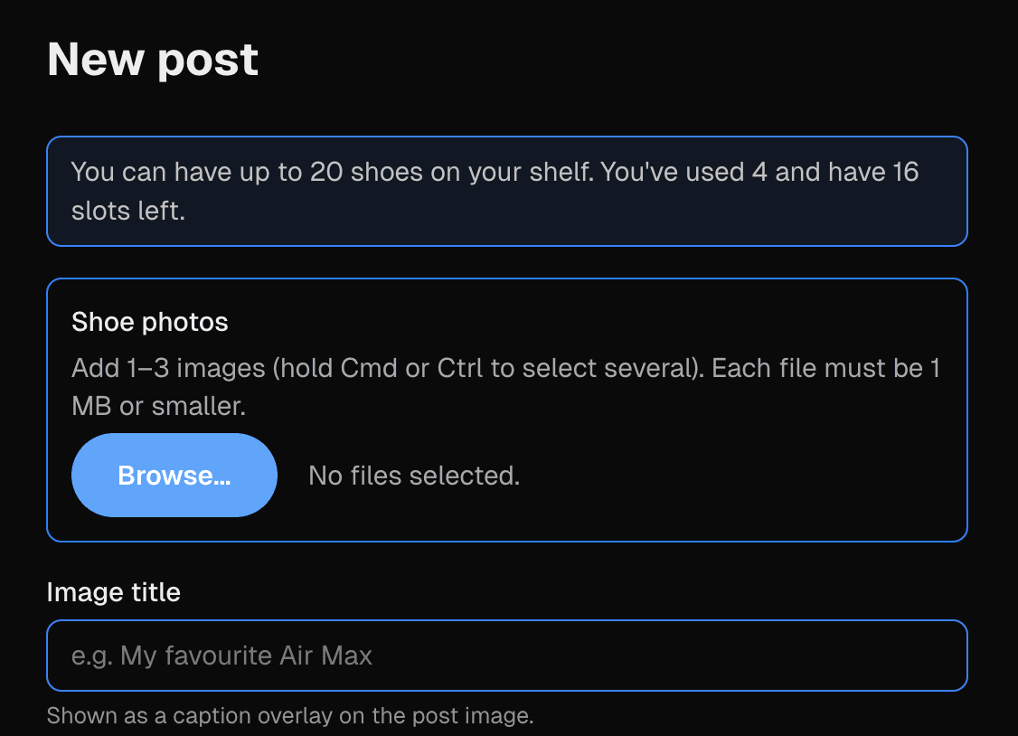 New post form with shoe photo upload, slot counter, and image title field