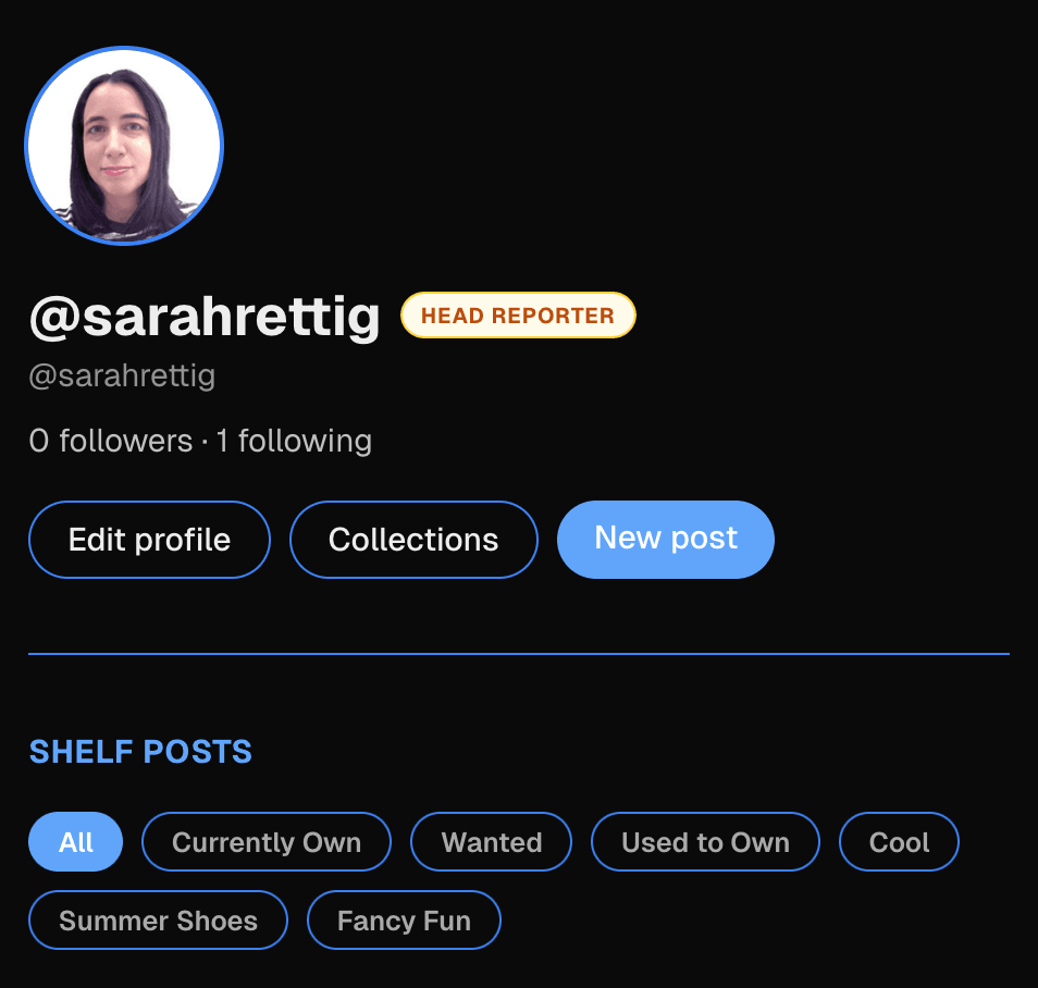 My Shoe Shelf profile for @sarahrettig with Head Reporter badge and shelf post filter chips