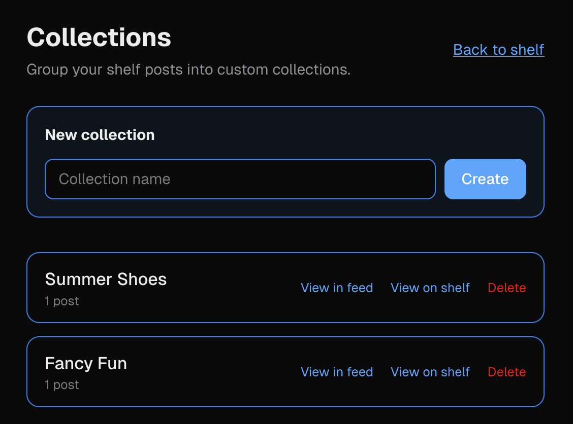 Collections page with new collection form and list of Summer Shoes and Fancy Fun collections